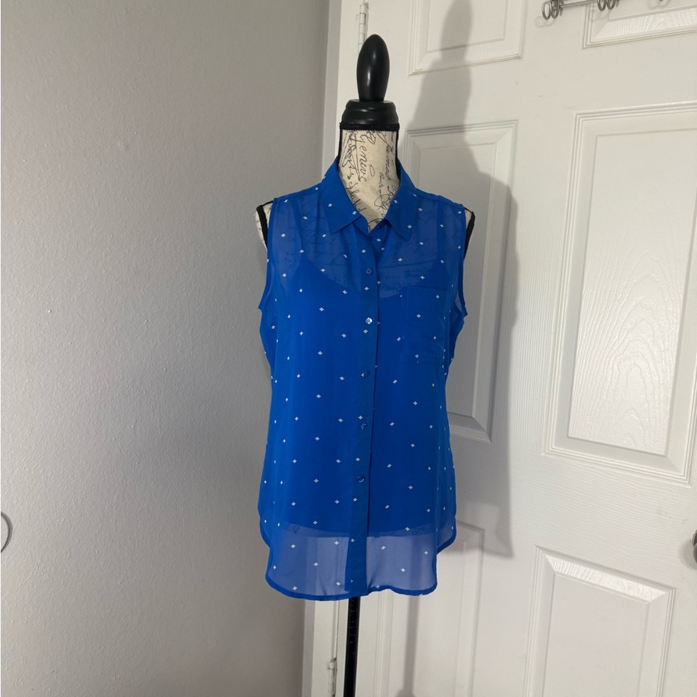 Liz Claiborne Royal Blue Sleeveless Polka Dot Button-Front Blouse